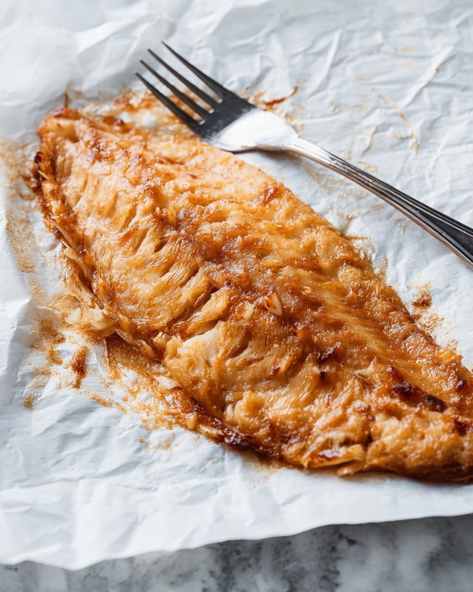 The image shows a large piece of baked or roasted fish fillet lying flat on white parchment paper. The fish fillet has a golden-brown color with some darker, crispy areas and a moist, flaky texture visible on top. It covers most of the parchment paper surface and looks tender and cooked through. A silver fork with a shiny metal finish rests beside the fish, slightly overlapping the parchment paper. The background surface is a white marbled texture that contrasts with the warm tones of the fish and the metallic fork. Photo taken with an iphone --ar 4:5 --v 7