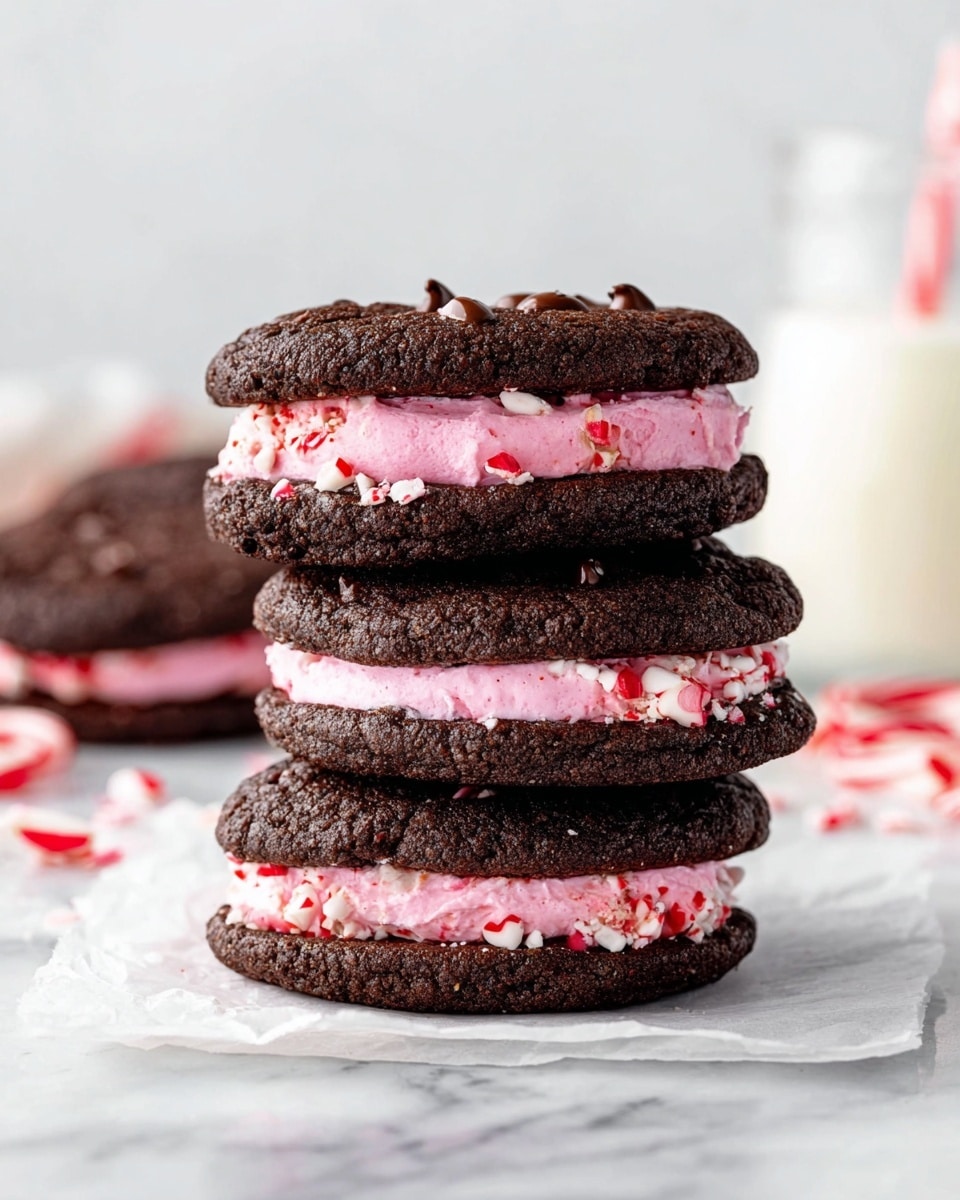 A stack of three dark brown chocolate cookies, each sandwiching a thick layer of bright pink cream filling with small red and white candy pieces mixed in. The top cookie has a few chocolate chips visible. The cookies have a slightly rough, textured surface and are placed on white parchment paper on a white marbled surface. In the background, there is a blurred glass of milk and some more red and white candy pieces. photo taken with an iphone --ar 4:5 --v 7