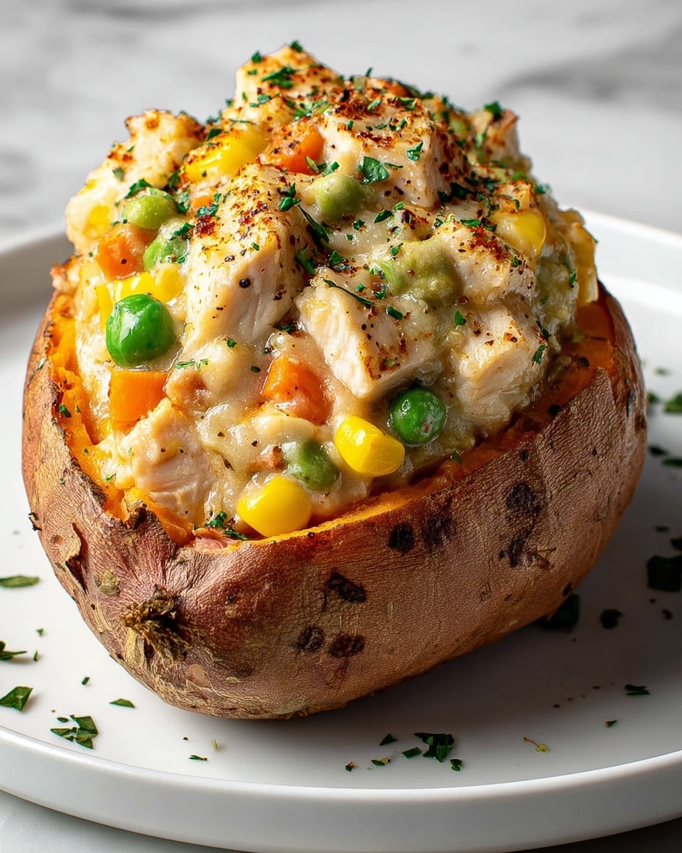 A roasted sweet potato cut in half and hollowed out forms the base layer, showing its deep orange flesh with a slightly rough brown skin around the edges; inside it is filled with a thick, creamy mix that includes chunks of white chicken breast, bright green peas, yellow corn kernels, and small orange carrot pieces. The creamy mixture is browned slightly on top with specks of black pepper and scattered chopped green herbs adding contrast and freshness. The dish sits on a clean white plate with bits of herb garnish around it, all set against a white marbled surface. photo taken with an iphone --ar 4:5 --v 7