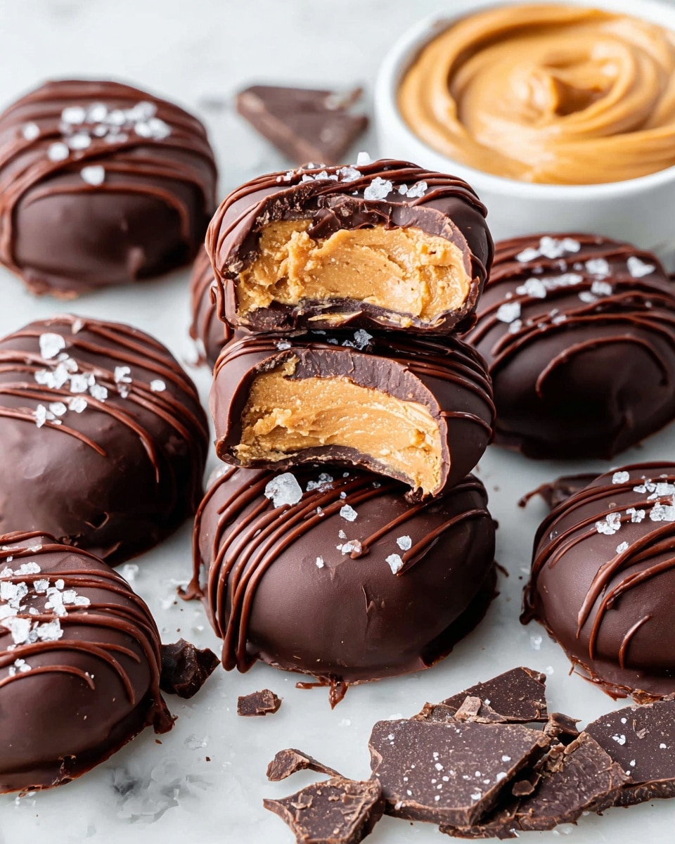 The image shows several round chocolate-covered peanut butter bites arranged on a white marbled surface. Each bite has a smooth, dark chocolate outer layer with thin, shiny chocolate lines drizzled on top and sprinkled with coarse sea salt. One bite in the center is stacked on another and broken in half to reveal a thick, creamy, light brown peanut butter inside with a slightly crumbly texture. Pieces of broken dark chocolate are scattered around the bites. In the background, there is a small white bowl filled with creamy peanut butter with a swirl on its surface. Photo taken with an iphone --ar 4:5 --v 7