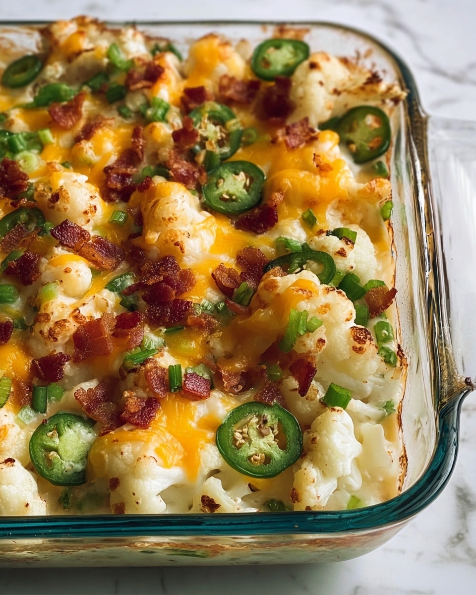 A close-up of a clear glass baking dish filled with a creamy cauliflower casserole, showing several layers: the bottom layer is hidden but hints of melted sauce peek through; the main top layer has large white cauliflower florets mixed with green sliced jalapeño peppers, all covered with melted yellow cheddar cheese that looks gooey and slightly browned. Scattered on top are small pieces of crispy, browned bacon adding texture and color contrast. The edges of the dish show a slight crisping of the cheese and sauce. The dish sits on a white marbled surface. photo taken with an iphone --ar 4:5 --v 7