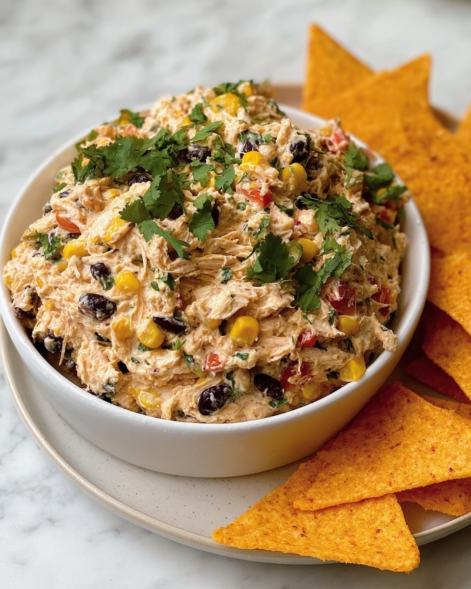 A white bowl is filled with a creamy, chunky dip that has three main visible layers of texture: a creamy base with shredded chicken, black beans, yellow corn, and diced red bell peppers mixed in, creating a colorful and thick texture. The dip is topped with fresh green cilantro leaves scattered over the top for a touch of freshness. On the right side of the bowl, several triangular orange corn chips are neatly placed, adding a crunchy contrast. The bowl sits on a white marbled surface. photo taken with an iphone --ar 4:5 --v 7