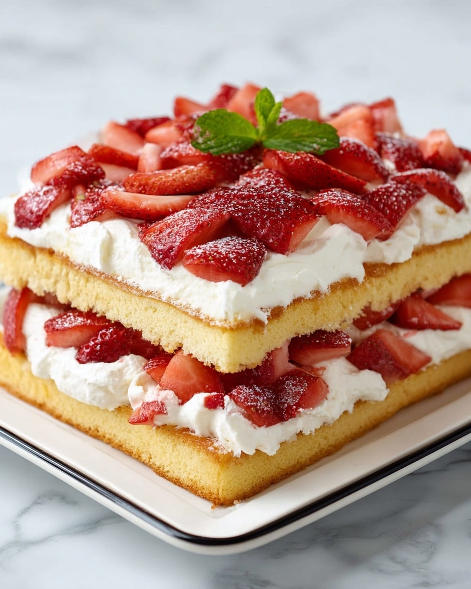 A two-layer rectangular sponge cake is shown on a white plate with a thin black rim, sitting on a white marbled surface. The bottom layer is golden-brown sponge cake with sliced red strawberries and thick white whipped cream spread over it. The top layer repeats the golden sponge cake with more whipped cream on top, covered densely with fresh red strawberry slices. At the center on top there is a small green mint leaf for decoration. The textures show soft, fluffy cake and smooth, creamy whipped cream with juicy strawberry pieces. Photo taken with an iphone --ar 4:5 --v 7