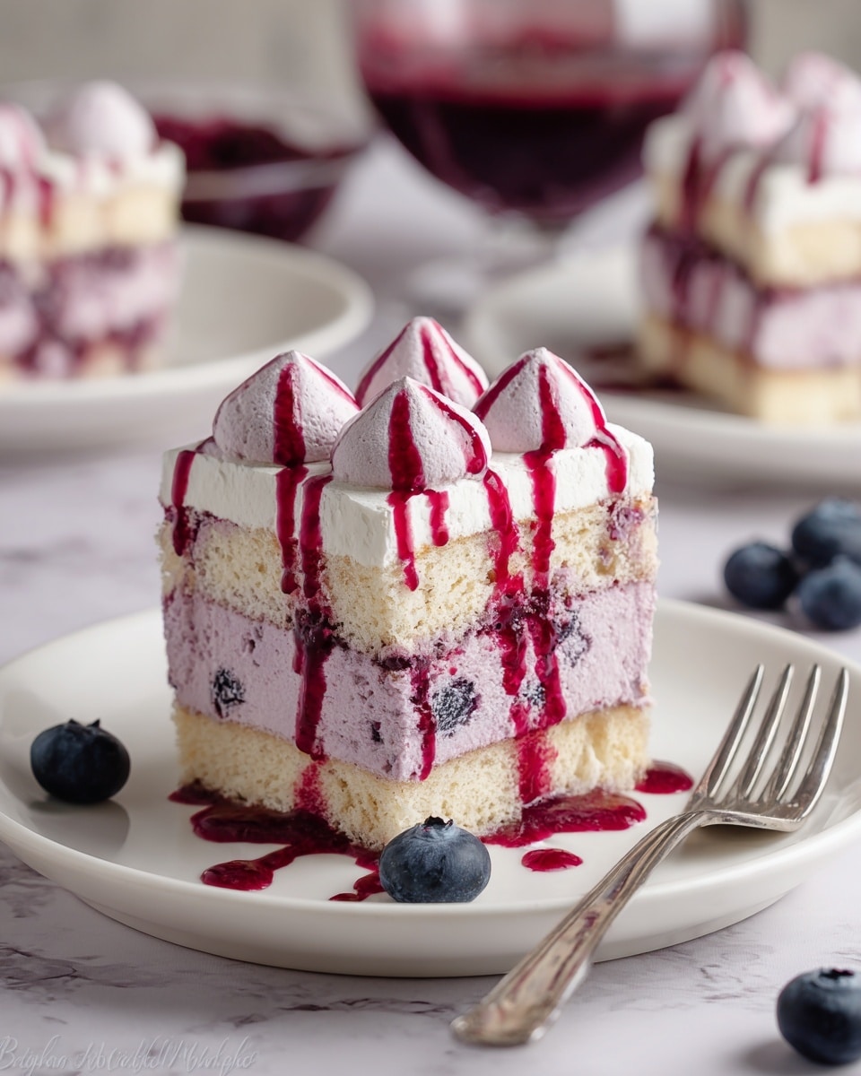 A small square slice of dessert with three layers sits on a white plate over a white marbled surface. The bottom layer is a light beige sponge cake, followed by a thick layer of pale purple cream with visible small pieces mixed inside. Above this is another thin layer of sponge cake, stacked with a thicker layer of the same pale purple cream. The top has six dollops of the pale purple cream arranged in two rows, each drizzled with a bright red-purple sauce that drips down all sides of the cake onto the plate. Around the plate are a few scattered fresh blueberries, and a silver fork is placed nearby. In the background, a second piece of the cake and a glass bowl with the red-purple sauce are softly blurred. Photo taken with an iphone --ar 4:5 --v 7