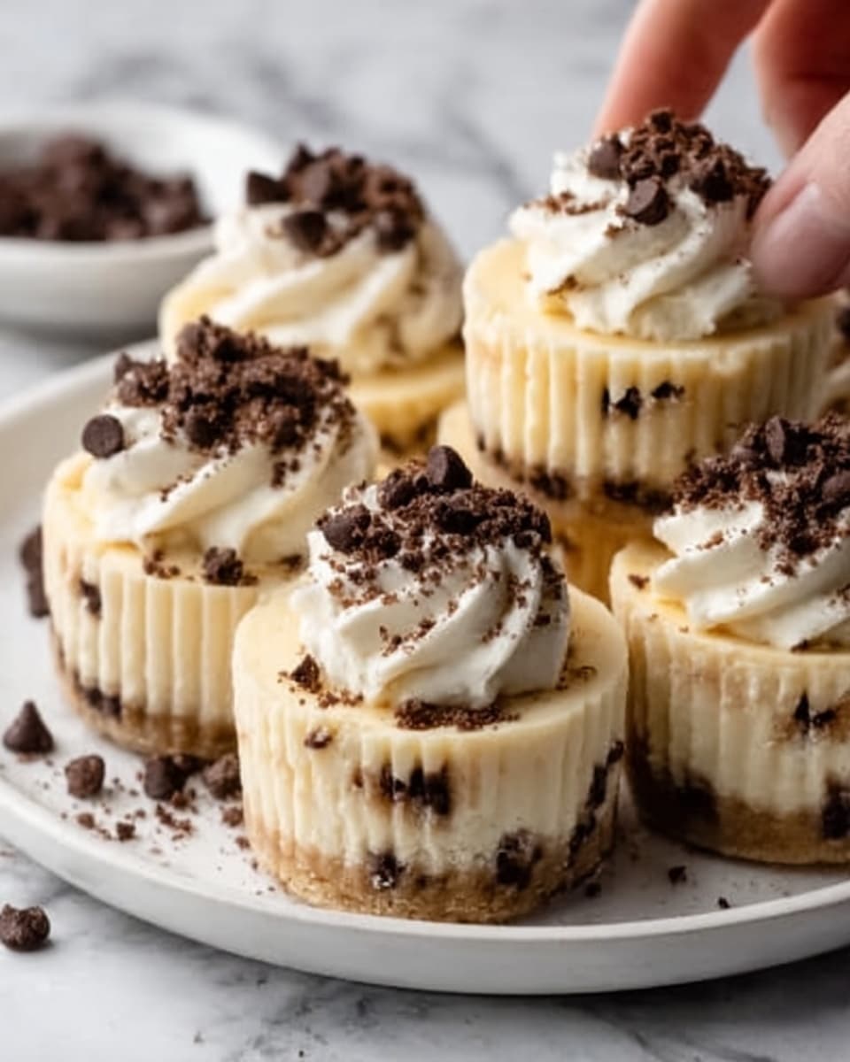 A white plate with five small layered cheesecakes topped with cream and chocolate chips, each cheesecake has a bottom beige crust layer, a thick pale yellow creamy middle layer with small chocolate chips, and a fluffy white cream layer on top sprinkled with more chocolate chips and crumbs. A woman's hand is placing one cheesecake onto the plate. The background is a white marbled texture. photo taken with an iphone --ar 4:5 --v 7