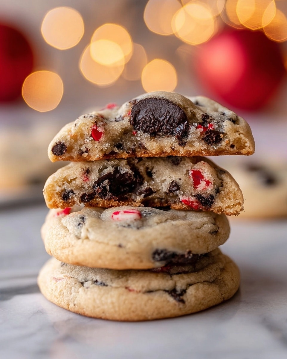 The image shows a stack of three soft cookies on a white marbled surface. The bottom two cookies are round, light golden brown with visible chocolate chips and small red pieces embedded throughout. The top cookie is broken in half, revealing its inside texture, which is soft and slightly crumbly with chunks of dark chocolate cookie pieces and bright red bits scattered inside. The top of the broken cookie has a visible full dark chocolate cookie embedded in the dough. The background is softly blurred with warm, circular light bokeh in red and yellow tones. Photo taken with an iphone --ar 4:5 --v 7
