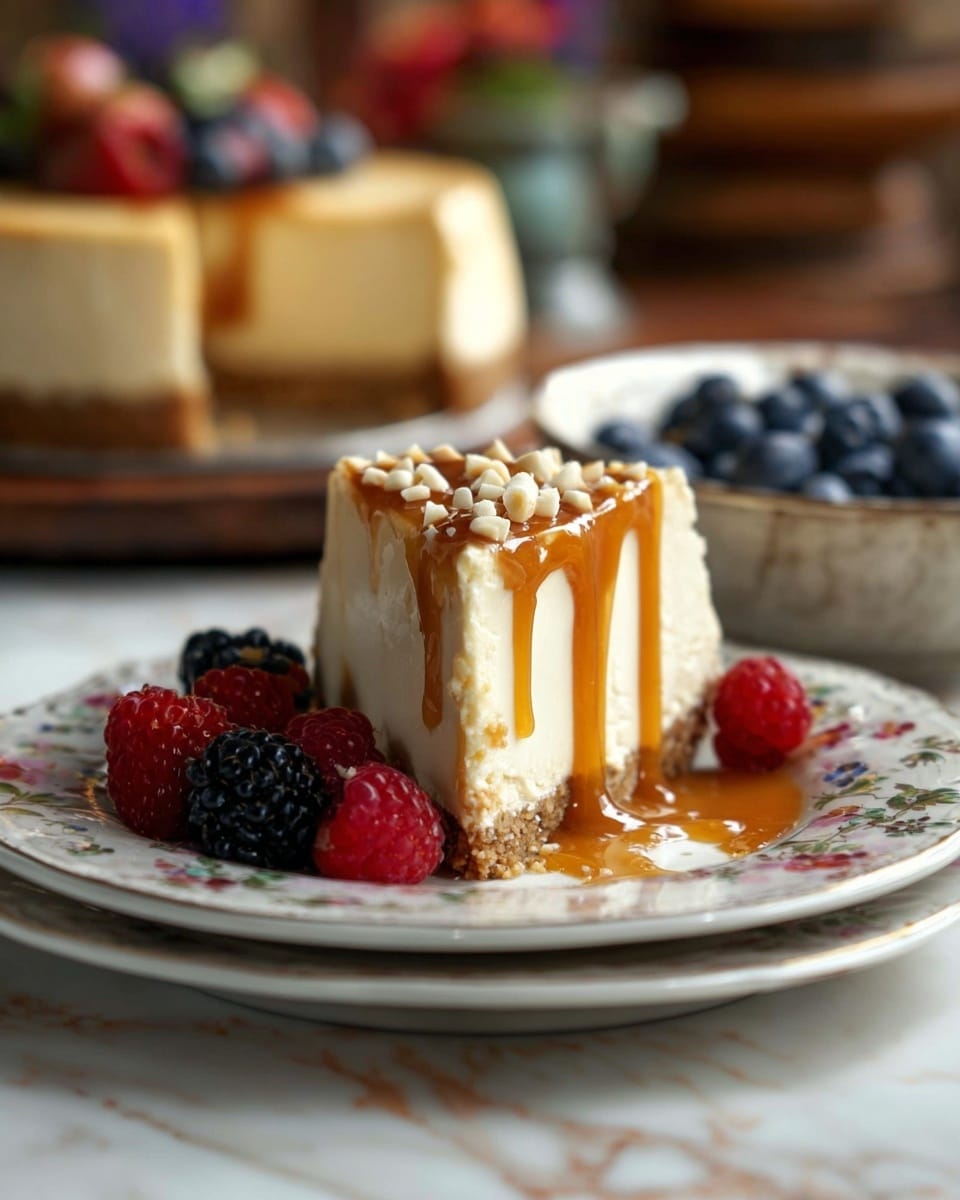 A slice of cheesecake with three visible layers: a light brown crumbly base, a thick creamy pale yellow cheese layer, and a golden caramel sauce dripping over the top and sides, sprinkled with chopped white nuts. The slice is on a white floral patterned plate sitting on a matching larger plate, surrounded by fresh raspberries, blackberries, and blueberries. The background shows a blurred round cheesecake and a bowl of blueberries on a white marbled surface. Photo taken with an iphone --ar 4:5 --v 7