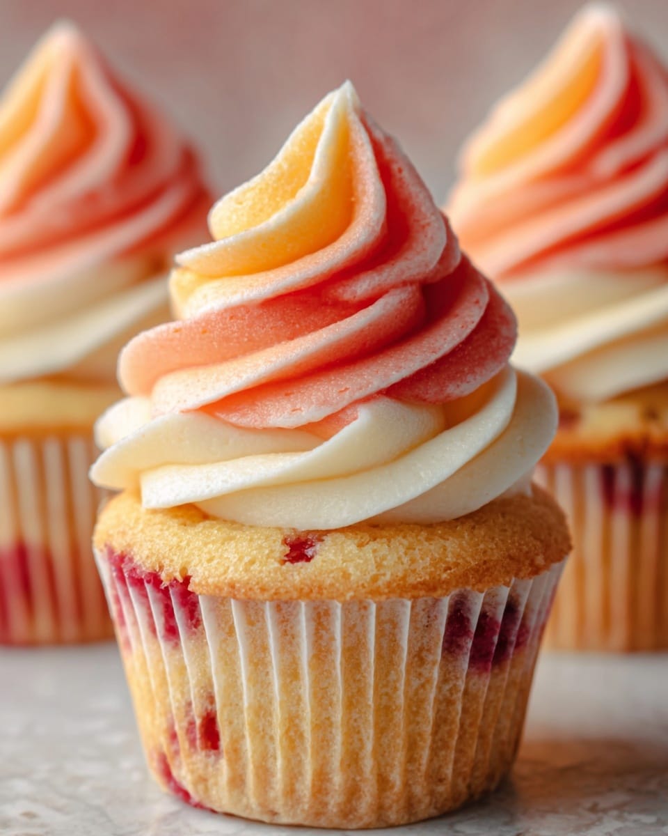A close-up view of a cupcake with three layers: a golden brown cake base speckled with small red berry pieces, topped by a swirl of smooth frosting that transitions in color from creamy white at the bottom to soft orange and finally to light pink at the top, forming a pointed peak. The cupcake is wrapped in a light beige liner with ridges. Two more similarly decorated cupcakes are visible in the blurred white marbled background, creating a warm and inviting scene. Photo taken with an iphone --ar 4:5 --v 7