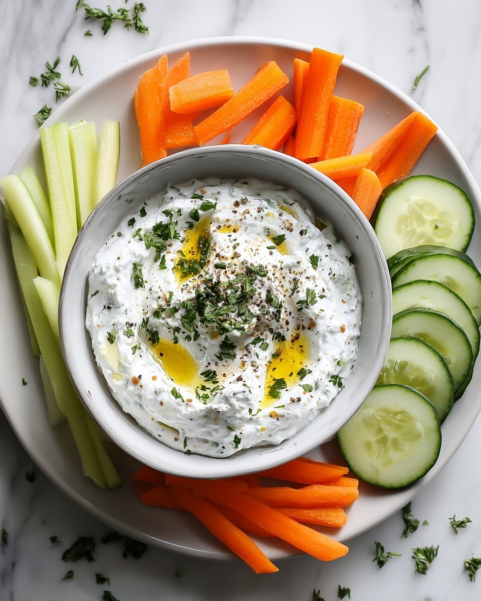 A white bowl filled with a creamy white dip topped with chopped green herbs, black pepper, and a drizzle of yellow olive oil, sits in the center of a white plate. Around the bowl, there are three groups of fresh vegetable slices: bright orange carrot sticks on the top left, light green cucumber sticks at the bottom left, and round cucumber slices on the right. The plate is on a white marbled surface sprinkled with small green herb pieces. The photo taken with an iphone --ar 4:5 --v 7