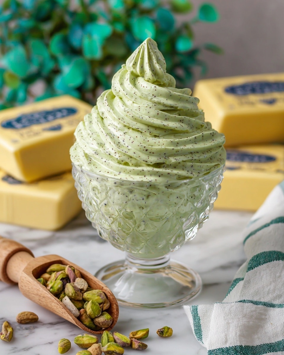 A clear, textured glass dessert cup is filled with a tall swirl of light green mousse speckled with tiny darker bits, creating a creamy, airy texture with a soft peak at the top. The dessert sits on a white marbled surface with scattered whole pistachios and a wooden scoop filled with more pistachios around the base. Behind the cup, there are blocks of butter wrapped in yellow paper featuring blue text, and a blurred green leafy decoration in the background adds a fresh touch. To the right of the cup is a white cloth napkin with green stripes casually folded. Photo taken with an iphone --ar 4:5 --v 7
