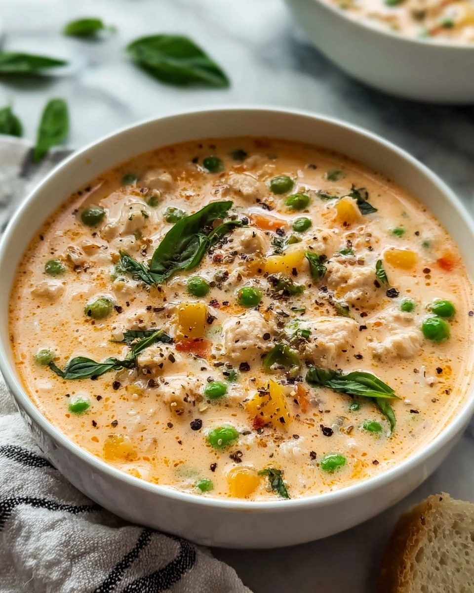 A close-up view of a creamy soup served in a white bowl, showing a thick layer of light orange broth mixed with small chunks of white meat and diced yellow and orange vegetables. Scattered green peas and fresh green leaves are mixed throughout the soup, with a sprinkle of black pepper on top. The bowl sits on a white marbled surface with a soft-textured white and black cloth and a piece of light bread partially visible at the bottom right. Photo taken with an iphone --ar 4:5 --v 7