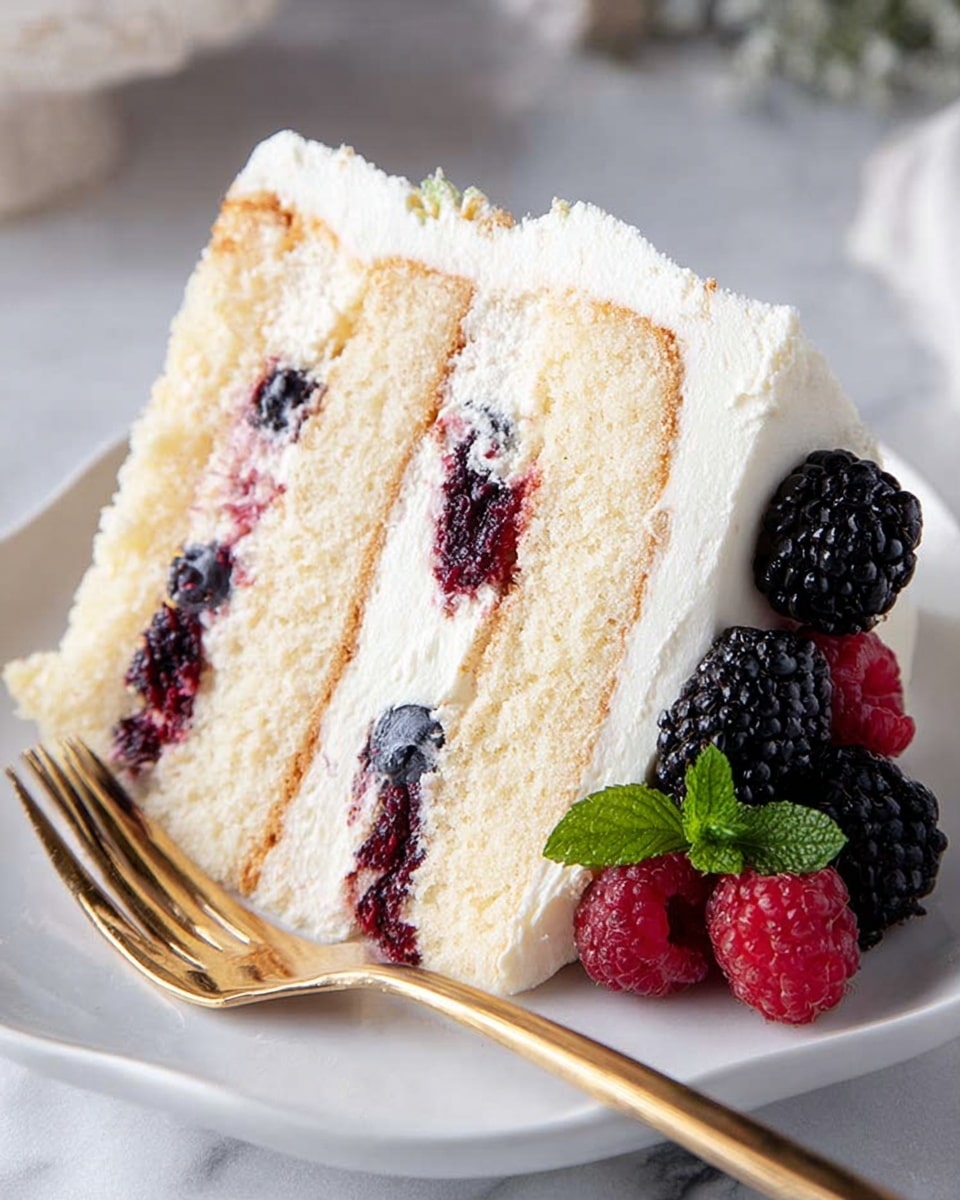 A slice of three-layer white sponge cake with light cream and berry filling between each layer, including visible blackberries and raspberries. The sides of the cake are covered with smooth white cream, and fresh blackberries and raspberries with a small green mint leaf sit at the base on one side. The slice is placed on a white plate with a curved edge, and a gold fork rests near the cake. The scene is set on a white marbled texture background. photo taken with an iphone --ar 4:5 --v 7