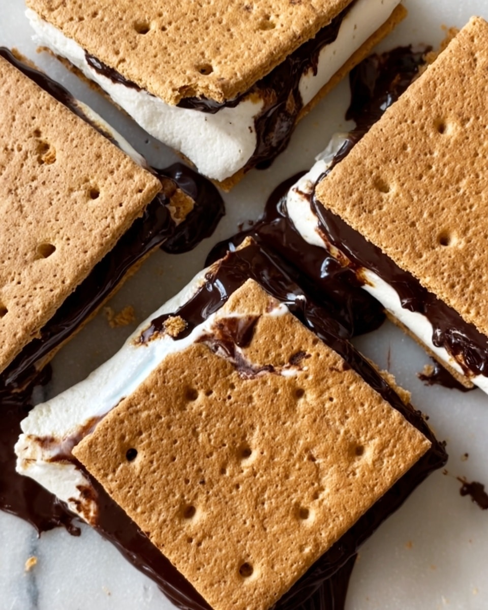 The image shows a close-up of four square s'mores pieces arranged side by side on a white marbled surface. Each s'more has three visible layers: the top and bottom layers are light brown, slightly textured graham crackers with small holes, and the middle layer consists of melted white marshmallow and dark brown melted chocolate, oozing out slightly between the graham crackers. The marshmallow looks fluffy and soft, while the chocolate appears glossy and smooth. Photo taken with an iphone --ar 4:5 --v 7