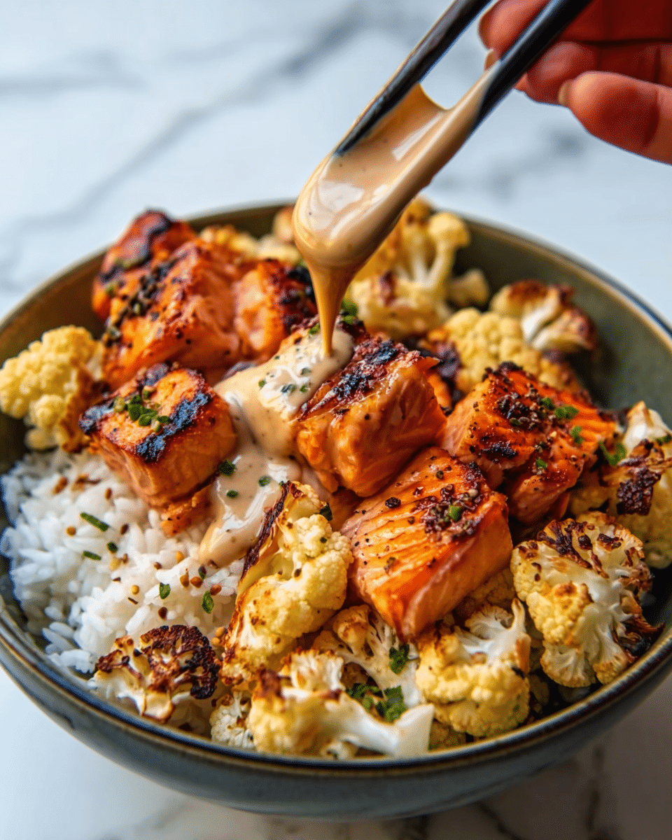 The image shows a bowl with white rice at the bottom, topped with roasted cauliflower pieces that are light golden with some dark brown spots. On top of the cauliflower, there are several grilled salmon chunks that have a shiny, slightly charred, orange surface. A pair of black chopsticks, held by a woman's hand, is pouring a creamy, light brown sauce with visible herbs over the salmon, creating a drizzle effect. The bowl is placed on a white marbled surface. Photo taken with an iphone --ar 4:5 --v 7