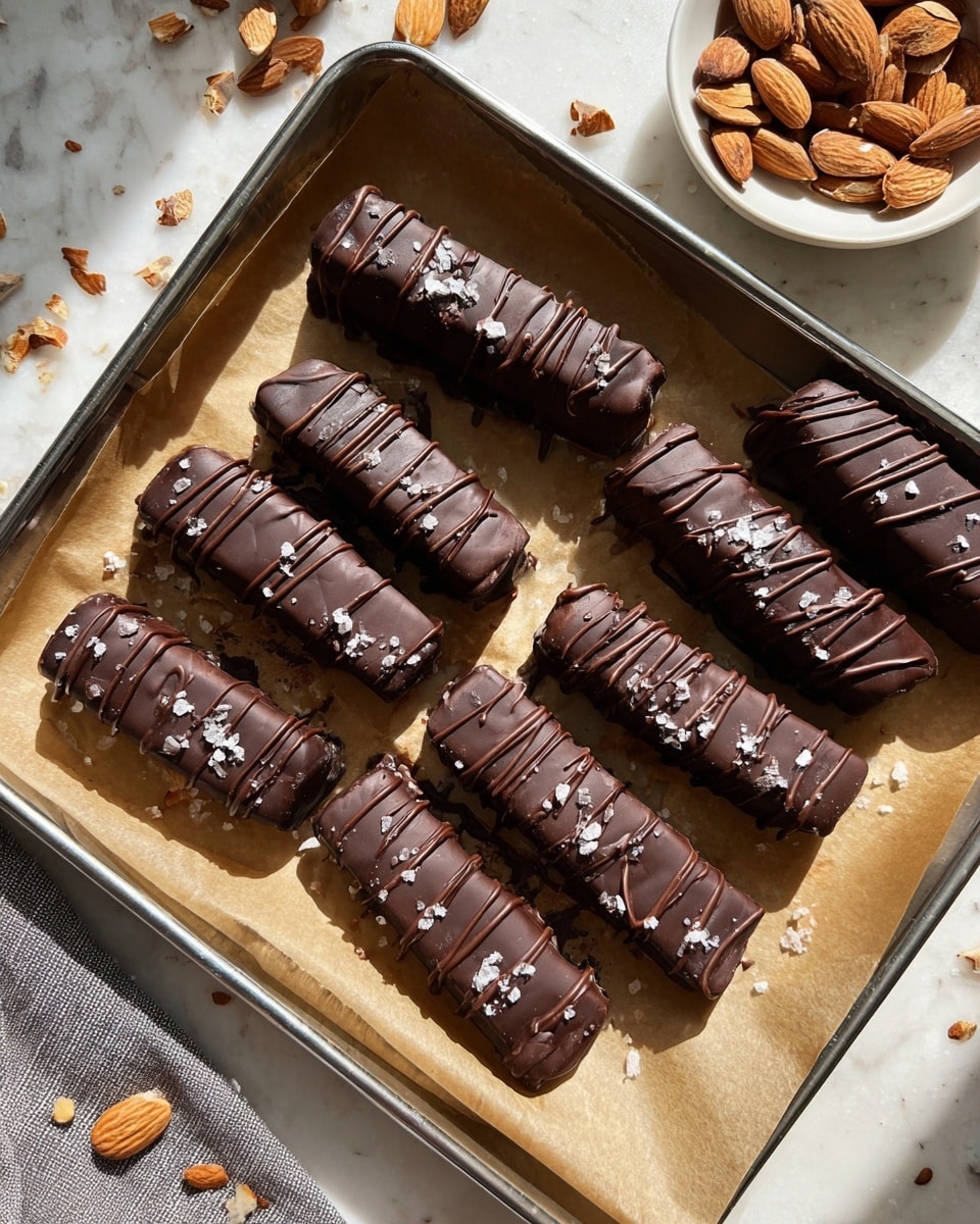 Eight chocolate-covered bars lie on light brown parchment paper inside a metal tray with shiny edges. Each bar is coated with smooth, dark chocolate and has thin chocolate lines drizzled across the top in a neat pattern. Small flakes of sea salt are sprinkled on most bars, adding texture. Around the tray are small chunks of chopped almonds scattered on the parchment and a white bowl filled with more chopped almonds sits nearby on a white marbled surface. Soft sunlight brightens the scene, highlighting the gloss of the chocolate and the roughness of the salt flakes. Photo taken with an iphone --ar 4:5 --v 7