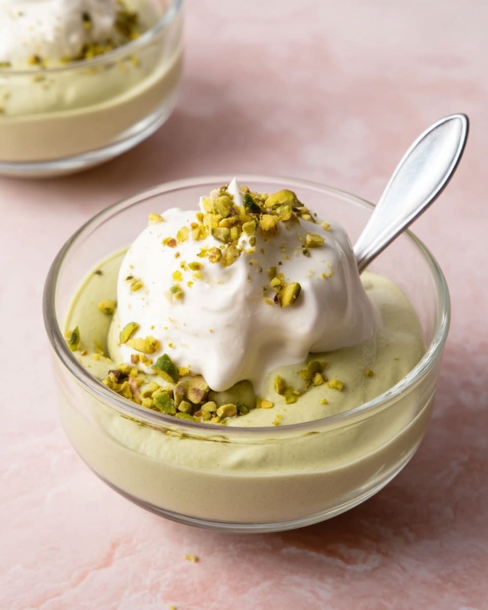 A small clear glass bowl is filled with a creamy, light green mousse that looks smooth and thick. On top, there is a big dollop of white whipped cream sitting in the middle, with some crushed pistachio nuts sprinkled around it, adding a bit of texture and light green color. A spoon is dipped into the mousse, resting on the right side inside the bowl. The bowl is placed on a soft pink surface with a white marbled texture in the background. photo taken with an iphone --ar 4:5 --v 7