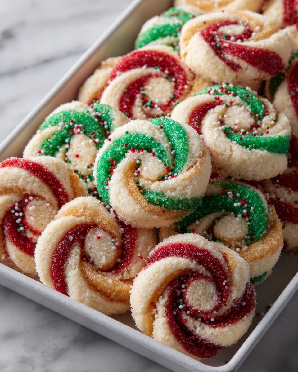 The image shows a white rectangular tray filled with round swirl cookies, each cookie having three colors twisted together: creamy white, red, and either green or golden brown. The cookies have a rough sugar-coated texture with tiny white and red sprinkles scattered on top. The swirls are thick and evenly spaced, creating a pinwheel effect. The close-up view captures the layered twists clearly, with some cookies slightly overlapping each other on the tray. The background is a white marbled surface. Photo taken with an iphone --ar 4:5 --v 7