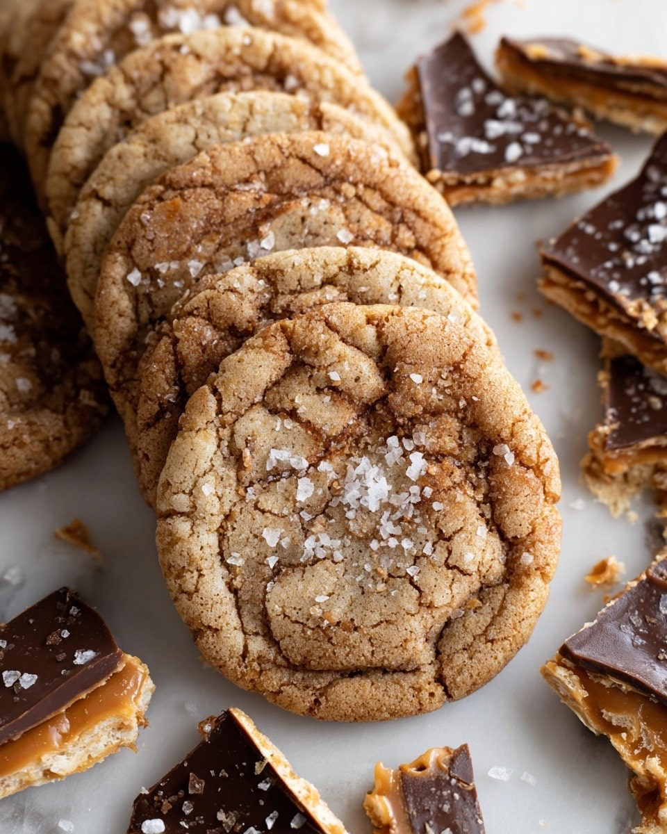 A close-up image shows a group of soft, round cookies with a cracked texture and light brown color, each sprinkled with coarse sea salt on top. The cookies are arranged in a line on a white marbled surface. Around the cookies, broken pieces of toffee bark can be seen, featuring a shiny dark chocolate layer on the bottom and a golden brown toffee layer on top, with some lighter cracker pieces underneath. The scene has a warm and inviting feel. photo taken with an iphone --ar 4:5 --v 7