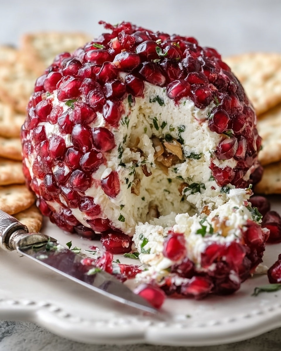 A round ball of creamy white cheese mixed with green herbs is covered fully with glistening red pomegranate seeds on the outside. A portion is sliced off, revealing a soft, crumbly white inside layered with bits of herbs and small chunks of nuts. The cheese ball sits on a white plate with a silver edge, surrounded by several pale golden crackers. Part of a silver knife with some cheese on it rests next to the cheese ball on the plate. The surface beneath is a white marbled texture. Photo taken with an iphone --ar 4:5 --v 7