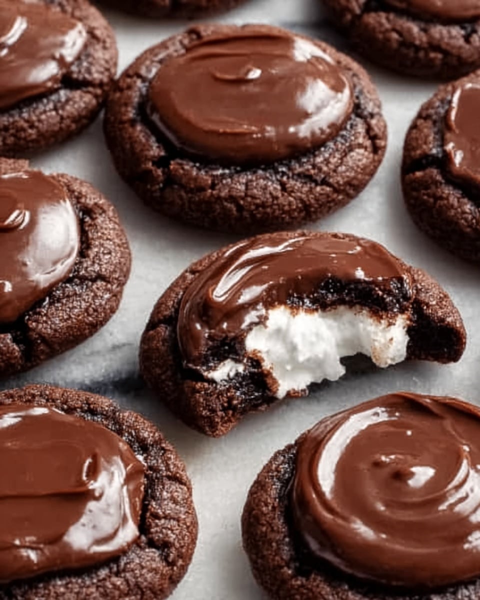 The image shows a group of round chocolate cookies on a white marbled surface, arranged closely together. Each cookie has a smooth, thick layer of shiny chocolate spread on top that looks creamy and glossy. One cookie in the center is broken in half, revealing a soft white marshmallow inside with a fluffy texture, surrounded by a rich, dark chocolate cookie base. The cookies have a slightly cracked surface, adding texture, and the overall color palette is deep brown with contrasting white from the marshmallow. Photo taken with an iphone --ar 4:5 --v 7