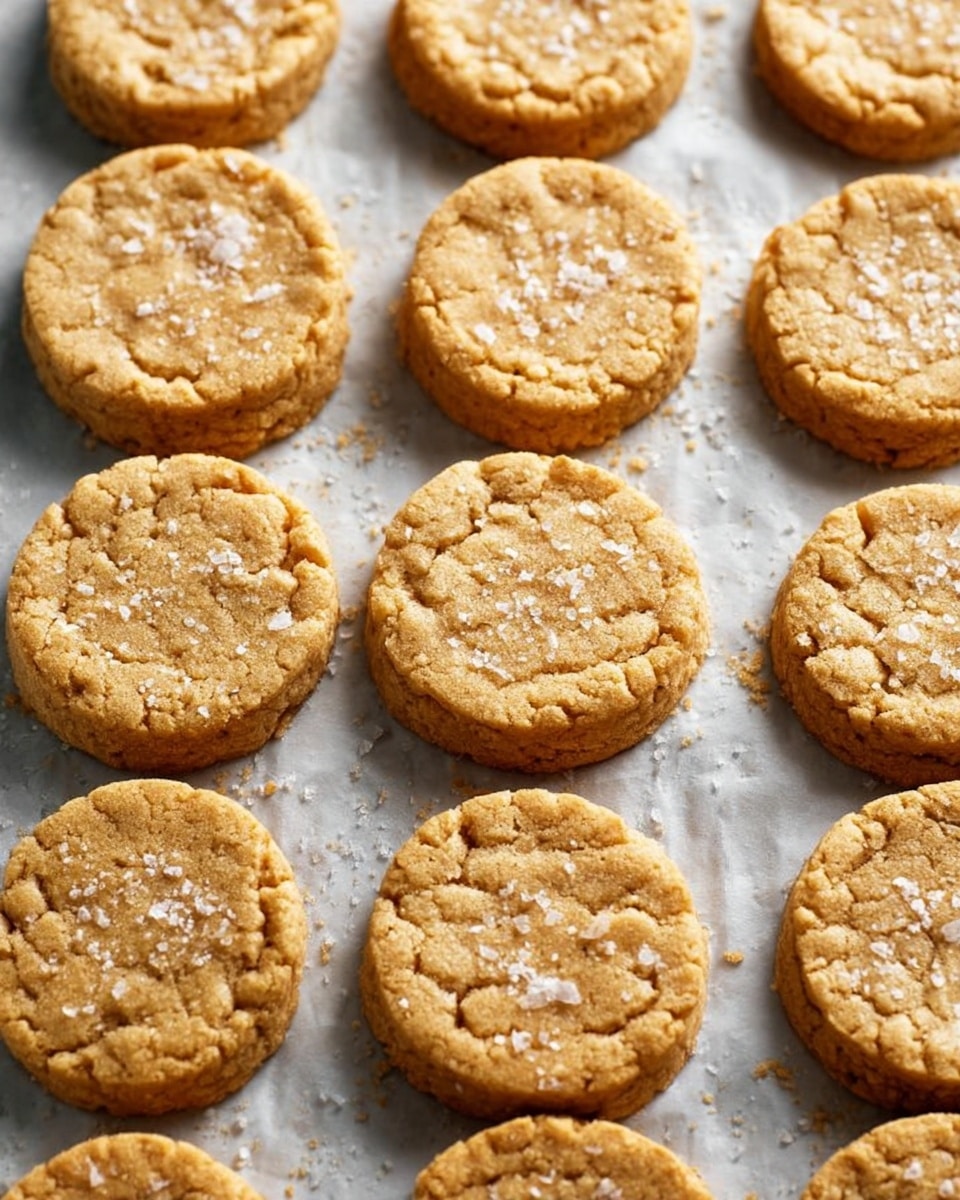 Multiple round, thick cookies with a rough texture and light golden brown color are arranged neatly on a sheet of parchment paper. Each cookie has a slightly cracked surface sprinkled with coarse salt flakes, adding a bit of white contrast. The edges are uneven and crumbly, creating a homemade feel. The cookies fill the frame in rows on the parchment, which rests on a white marbled surface. photo taken with an iphone --ar 4:5 --v 7