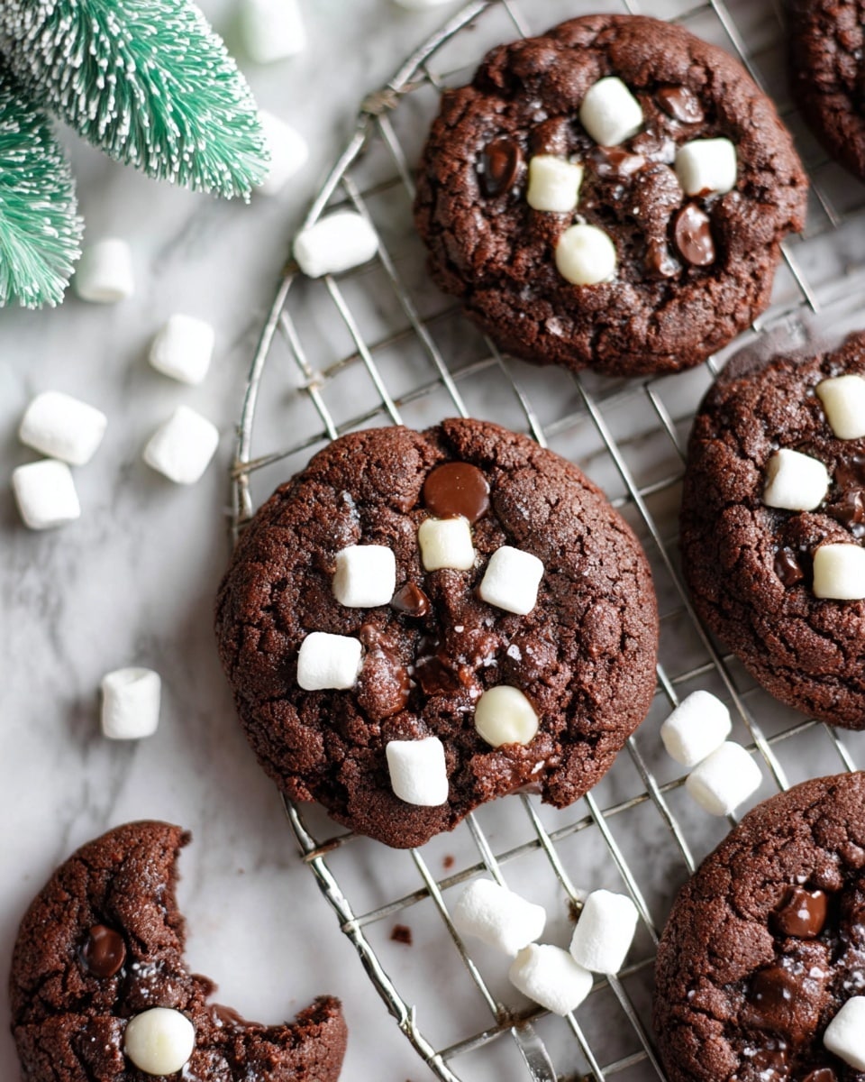 The image shows several rich, dark brown chocolate cookies with a slightly cracked texture on top, studded with small white mini marshmallows and smooth, glossy milk chocolate chips. The cookies rest on a silver cooling rack placed over a white marbled surface, with a few scattered mini marshmallows around. One cookie at the bottom left has a bite taken out of it, revealing a moist interior. A light green decorative item with white tips sits partially visible in the top left corner. photo taken with an iphone --ar 4:5 --v 7