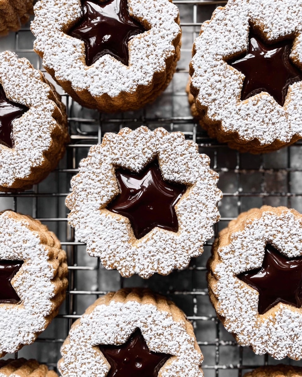 Round cookies with scalloped edges are arranged closely on a black cooling rack on a white marbled surface. Each cookie has two layers: a bottom layer of light brown baked dough and a top layer dusted heavily with white powdered sugar. In the center of each cookie’s top layer is a star-shaped cutout filled with shiny dark chocolate, creating a smooth contrast. The powdered sugar covers most of the surface except for the glossy chocolate star windows, making them stand out. Photo taken with an iphone --ar 4:5 --v 7