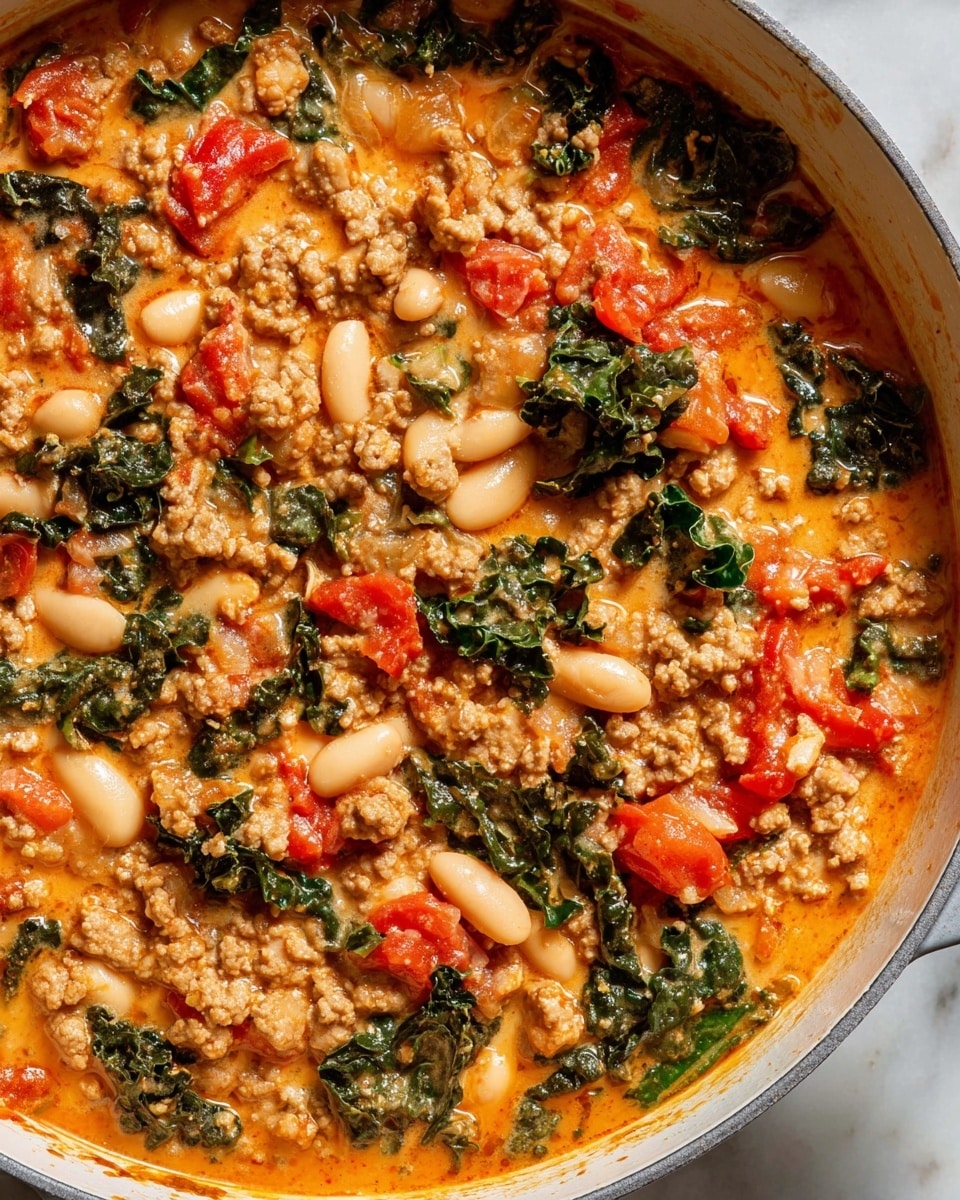 A close-up view of a creamy stew in a white pot with a gray rim, filled with layers of ground meat, bright red tomato chunks, dark green kale leaves, and pale white beans, all mixed in an orange-tinted thick broth; the textures range from soft cooked vegetables and meat crumbles to slightly firm beans and wilted kale leaves scattered evenly across the surface, resting on a white marbled texture. photo taken with an iphone --ar 4:5 --v 7