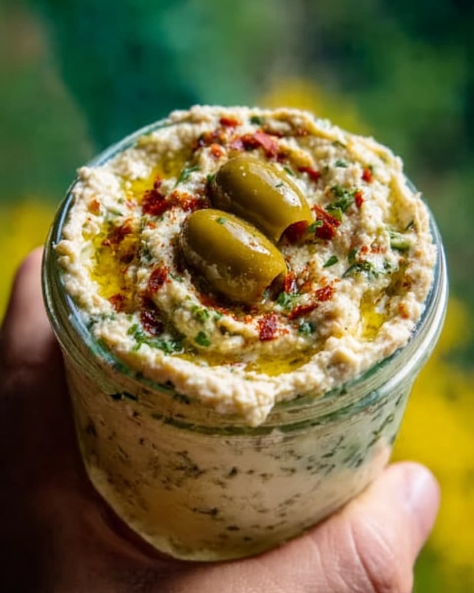 A close-up image shows a glass jar filled with a creamy dip that has a slightly rough texture and is pale yellow with green and red specks. The top layer of the dip is topped with some green olives sitting in the center, surrounded by bits of red and green herbs or spices and a drizzle of golden olive oil. The jar is held by a woman's hand against a blurred background with green and yellow tones. The surface beneath the jar is a white marbled texture. Photo taken with an iphone --ar 4:5 --v 7