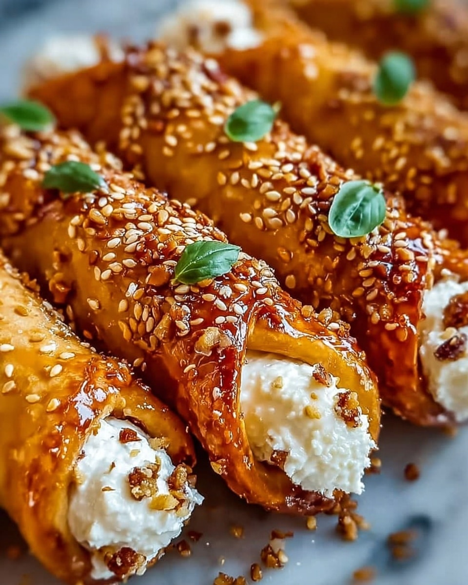 This close-up image shows several rolled cannoli, each with a shiny, golden-brown shell covered in a sweet glaze. The shells are topped with small sesame seeds and tiny green basil leaves, adding color and texture. Inside, the cannoli are filled with creamy white ricotta cheese mixed with crunchy brown nuts, creating a rough textured filling. The rolls are arranged closely on a white marbled surface, highlighting the smooth glossy shells and soft filling. photo taken with an iphone --ar 4:5 --v 7