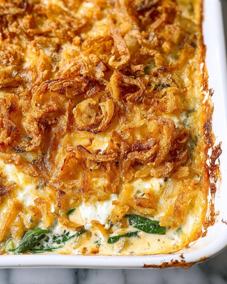 A close-up view of a baked dish in a white rectangular baking pan with three visible layers: the bottom layer shows green spinach leaves peeking through; the middle layer is a creamy, slightly yellow sauce with white cheese melting in spots; the top layer is a thick, golden-brown crispy fried onion topping, adding a crunchy texture with varied shades of light to darker brown. The edges of the pan have a bit of sauce baked onto the white surface. The background has a white marbled texture. Photo taken with an iphone --ar 4:5 --v 7