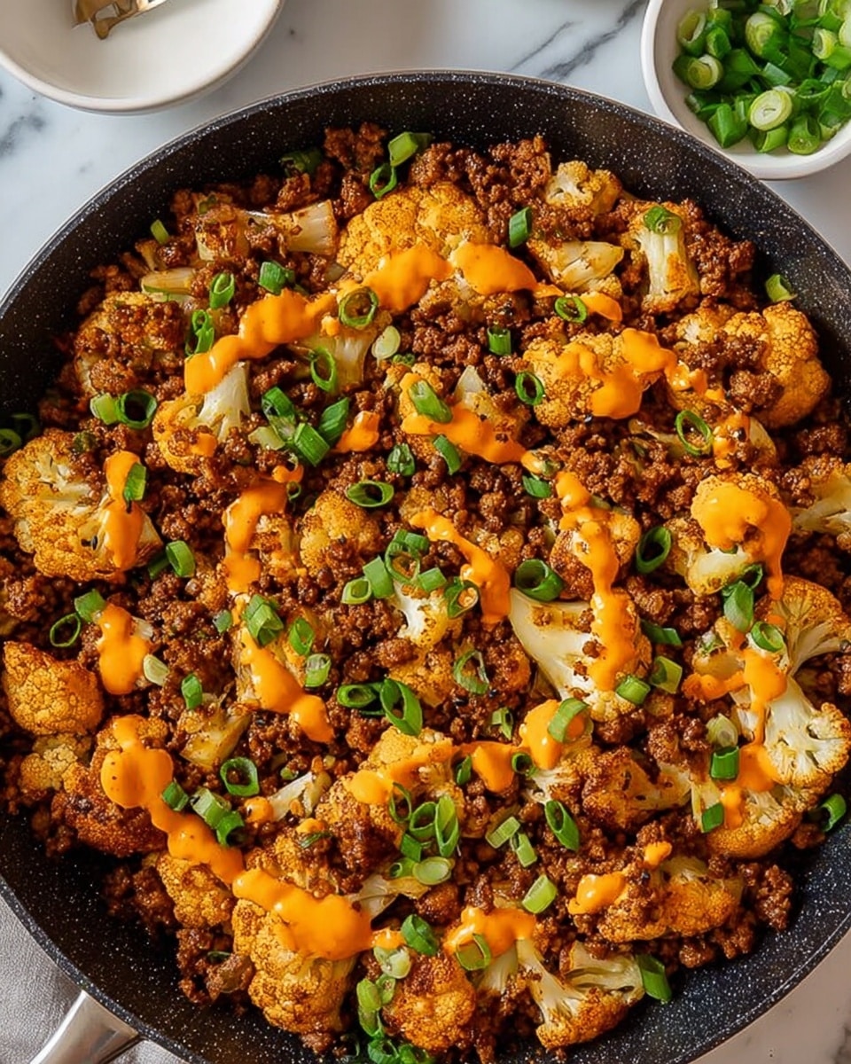 The image shows a close-up top view of a black skillet filled with a cooked dish made of browned ground meat mixed with golden brown cauliflower florets. The meat is spread all over the skillet, mixed through the cauliflower pieces, which have a slight char and crispy texture. Bright orange sauce is drizzled unevenly on top of the mixture, adding a smooth and glossy layer. Small green sliced scallions are scattered across the whole dish, giving little pops of fresh green color. The skillet is placed on a white marbled surface, and a small white bowl with extra scallions sits nearby. Photo taken with an iphone --ar 4:5 --v 7