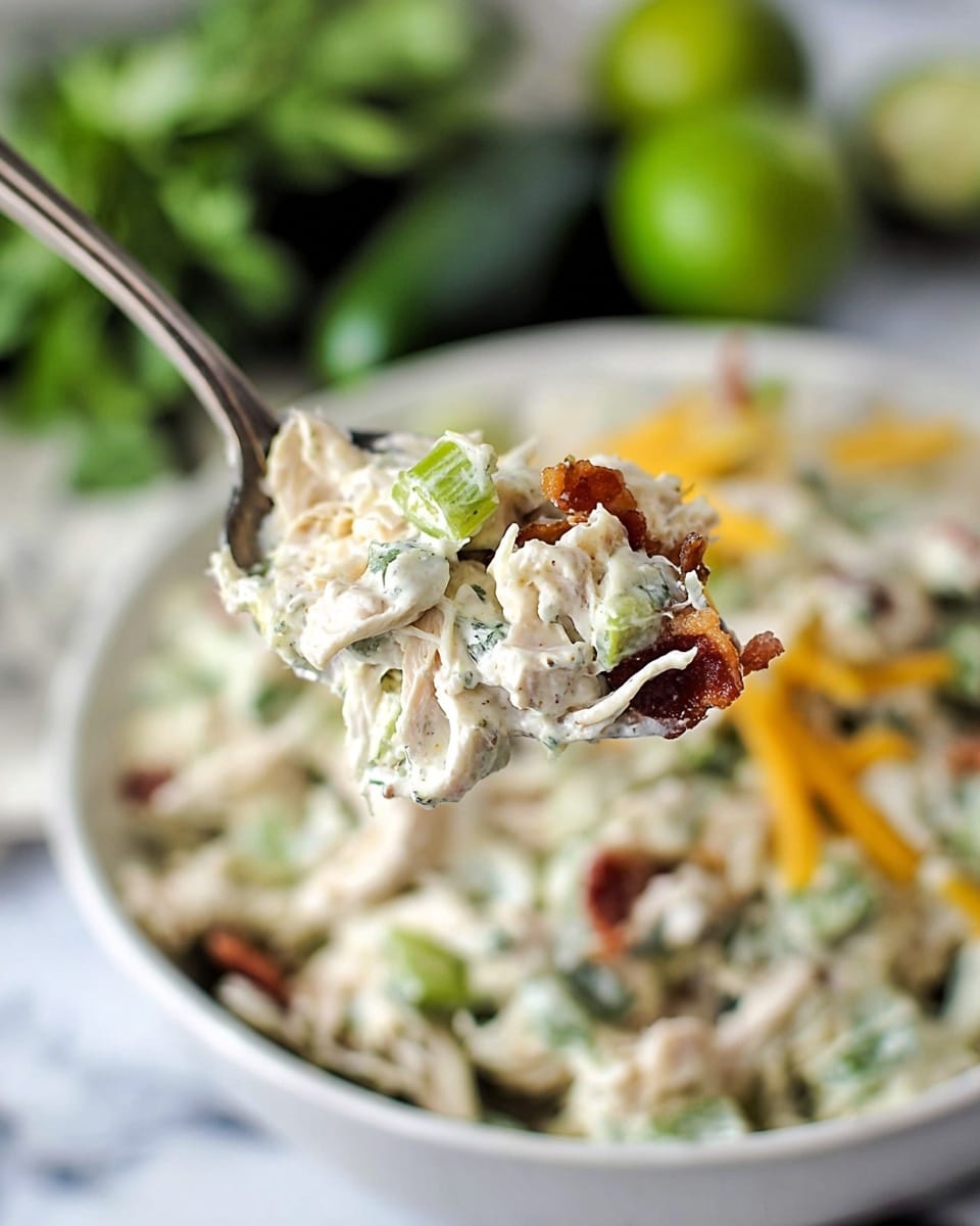 A close-up of a spoonful of creamy chicken salad held above a white bowl filled with more salad, set on a white marbled surface. The salad has shredded white chicken pieces mixed with small green celery chunks, creamy white dressing, and bits of reddish-brown bacon. Thin strands of yellow cheese are scattered throughout, adding texture. The background includes blurred green limes and leafy greens for a fresh look. photo taken with an iphone --ar 4:5 --v 7