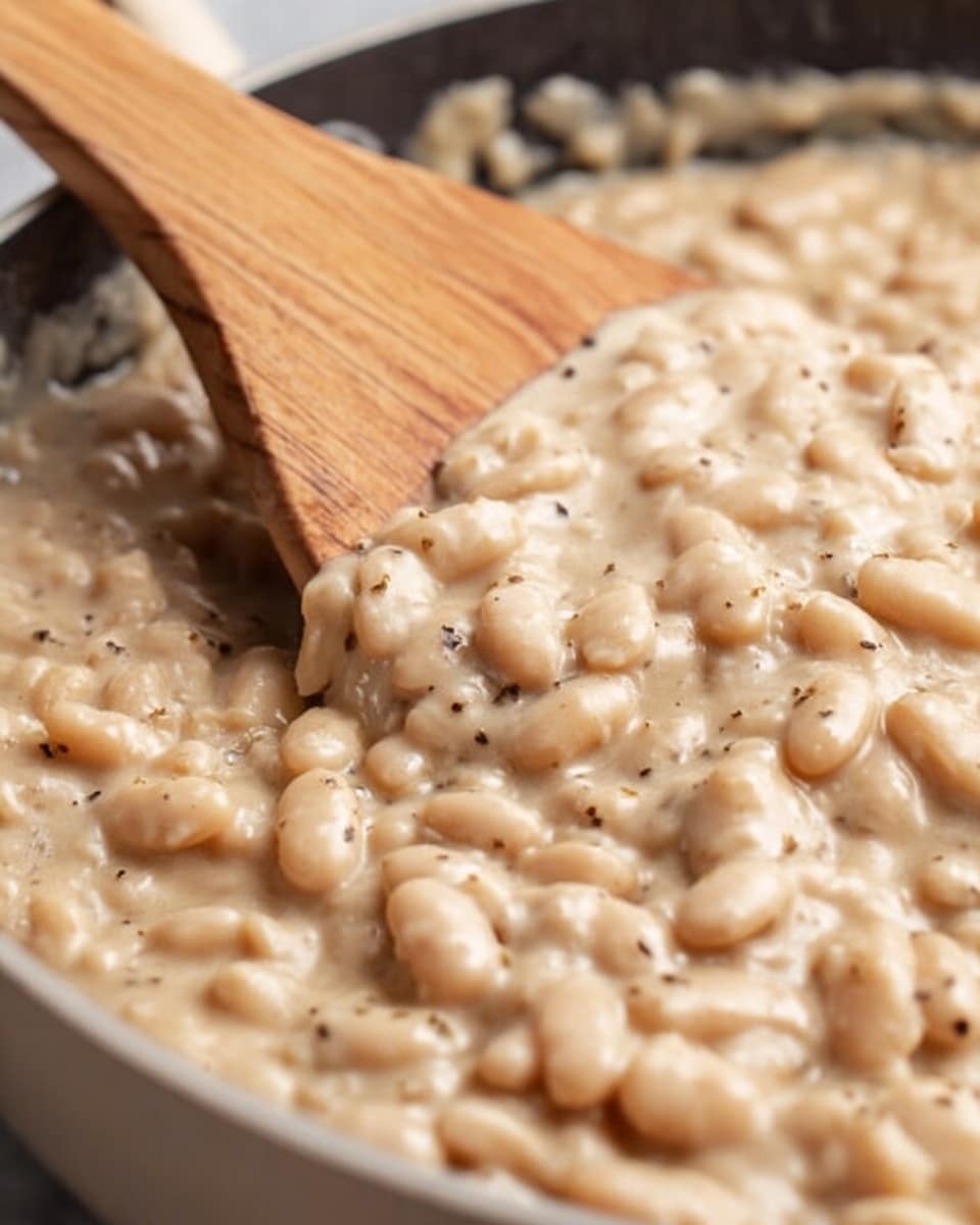 This image shows a close-up of creamy white beans cooking in a pan, with a wooden spatula stirring the thick, smooth mixture. The beans are soft and creamy, coated in a light beige sauce with slightly visible black pepper bits scattered throughout. The texture looks rich and hearty, with the sauce evenly covering the plump beans. The background features a soft white marbled surface just barely visible near the edges, focusing fully on the beans. Photo taken with an iphone --ar 4:5 --v 7