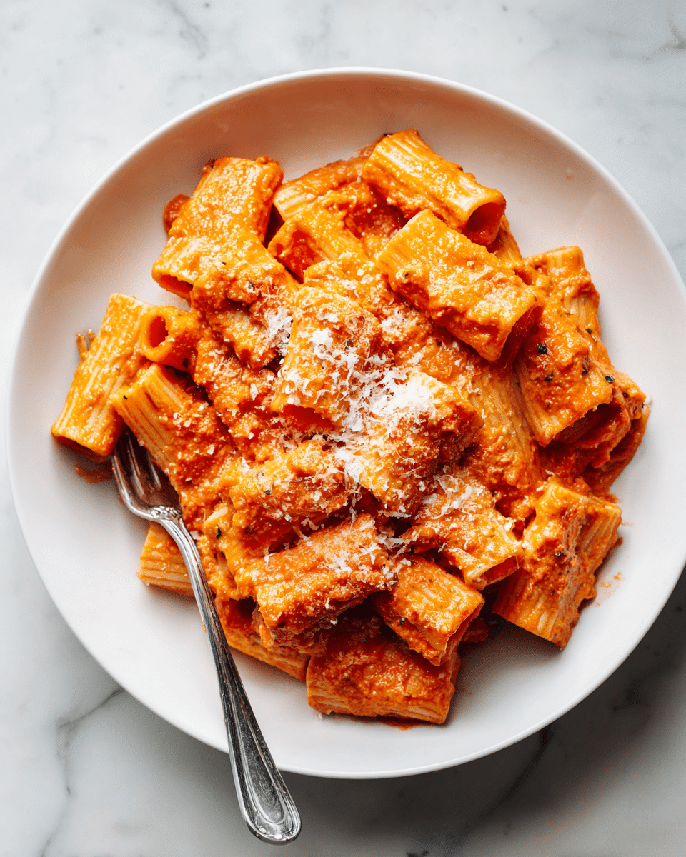 A white plate filled with rigatoni pasta covered in a thick, bright orange-red tomato sauce. The pasta tubes are well coated, and there is a sprinkle of grated cheese on top, giving a slightly grainy texture to the surface. A silver fork is placed inside the plate, partially covered by the rigatoni with sauce on it. The plate rests on a white marbled surface. Photo taken with an iphone --ar 4:5 --v 7