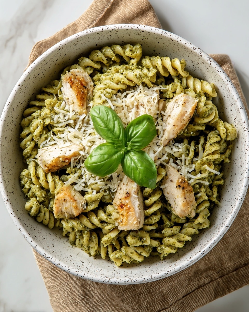 The dish is a bowl of rotini pasta mixed evenly with green pesto sauce, giving the pasta a textured, slightly chunky appearance. On top of the pasta, there are several pieces of grilled chicken, light golden brown in color with a tender texture, scattered around the center. Above the chicken, finely grated white cheese is sprinkled, adding a light dusting that contrasts with the green of the pesto. At the very top, a sprig of three bright green basil leaves rests in the middle as a fresh garnish. The bowl is white with speckled edges, sitting on a beige cloth and a white marbled surface. photo taken with an iphone --ar 4:5 --v 7