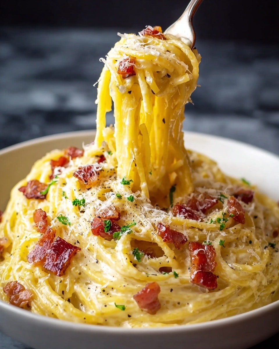 A close-up view of creamy spaghetti carbonara served in a white bowl, showing a fork lifting a thick bundle of glossy yellow pasta strands covered in smooth, rich sauce. The top layer has small pieces of crispy, browned bacon mixed with freshly ground black pepper and finely chopped green herbs scattered around. White grated cheese is sprinkled over the pasta, creating a light, powdery texture that contrasts the shiny pasta and bacon bits. The image has a blurred dark background with a white marbled texture underneath the bowl. photo taken with an iphone --ar 4:5 --v 7