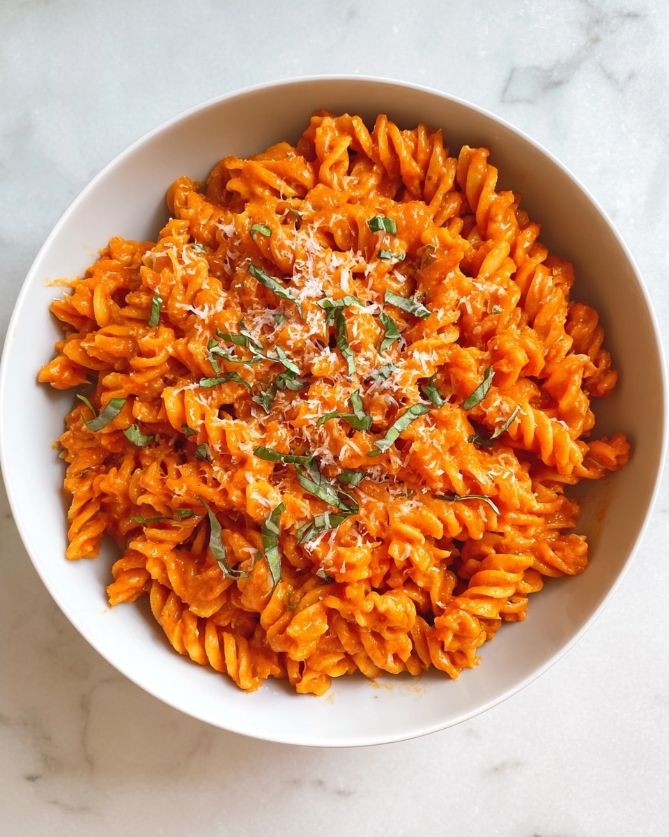 A white bowl filled with rotini pasta covered in smooth, bright orange tomato sauce, with the pasta spirals clearly visible. The dish is topped with small, thin green basil leaves scattered evenly and a light sprinkling of finely grated white cheese concentrated mostly in the center. The bowl sits on a white marbled surface, enhancing the colors of the pasta. Photo taken with an iphone --ar 4:5 --v 7