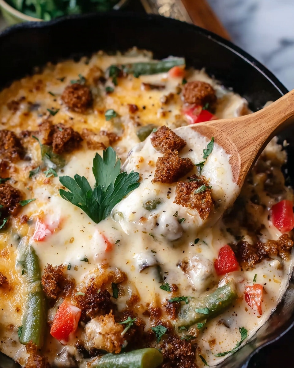 A close-up of a black skillet filled with a creamy, melted cheese layer that covers a mix of cooked vegetables including green beans and red bell peppers. On top of the cheese, there are small pieces of browned, crispy food, possibly fried, scattered throughout. Three green parsley leaves rest in the center of the cheese. A wooden spoon lifts a portion of the cheesy dish, showing the smooth, gooey texture. The background is a white marbled texture. photo taken with an iphone --ar 4:5 --v 7