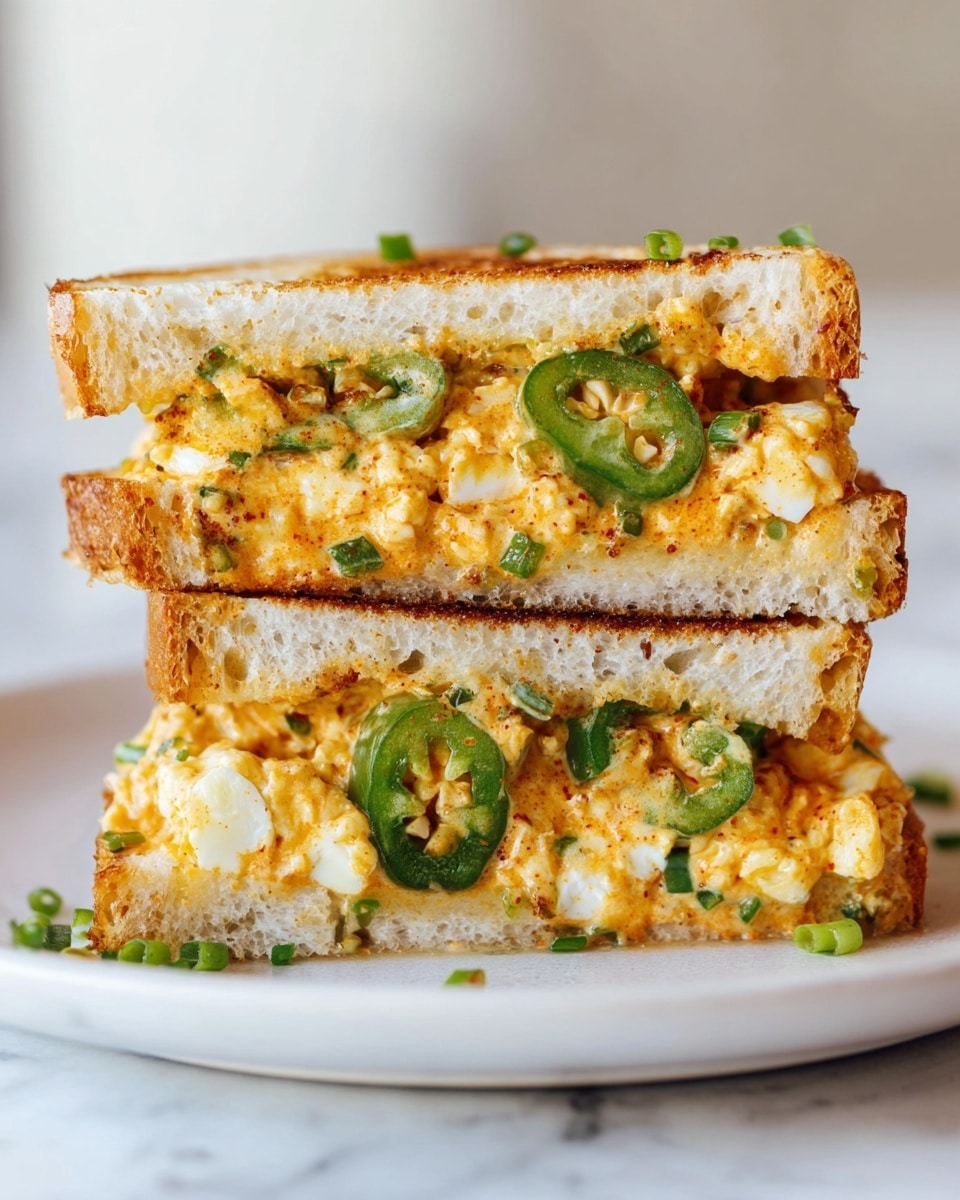 The image shows two sandwich halves stacked on top of each other on a white plate, placed on a white marbled surface. Each sandwich half has three main layers: the bottom layer is a lightly toasted white bread slice with a golden crust; the middle layer features vibrant green jalapeño slices and small green bits, likely chives or herbs; the top layer consists of a chunky, creamy orange spread mixed with chopped white pieces, possibly eggs, giving it a textured look with some browned spots from toasting. Photo taken with an iphone --ar 4:5 --v 7