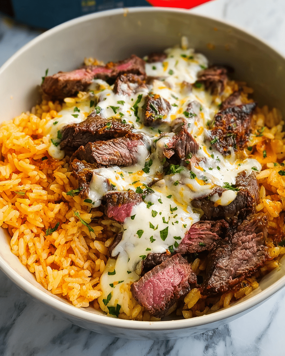 A close-up of a round white bowl filled with two main layers: the bottom layer is orange-colored cooked rice with visible grains, and the top layer consists of sliced steak pieces cooked medium rare with a pink center and brown edges, arranged over the rice. Melted white and yellow cheese is spread unevenly over the steak, creating a creamy texture with small green herb bits sprinkled on top for garnish. The bowl sits on a white marbled surface with soft natural lighting highlighting the textures and colors. photo taken with an iphone --ar 4:5 --v 7