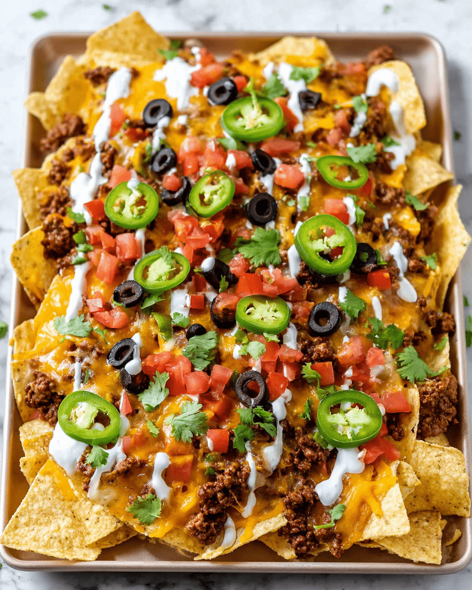 A white tray full of layered nachos starts with a base of triangular pale yellow tortilla chips. The second layer has browned cooked ground beef scattered evenly with black olive slices. Melted bright orange cheddar cheese spreads over the middle, topped with small diced red tomatoes and thick green jalapeño slices. White creamy sauce is drizzled all over the top, and fresh green cilantro leaves are scattered around for color. The tray sits on a white marbled surface. photo taken with an iphone --ar 4:5 --v 7