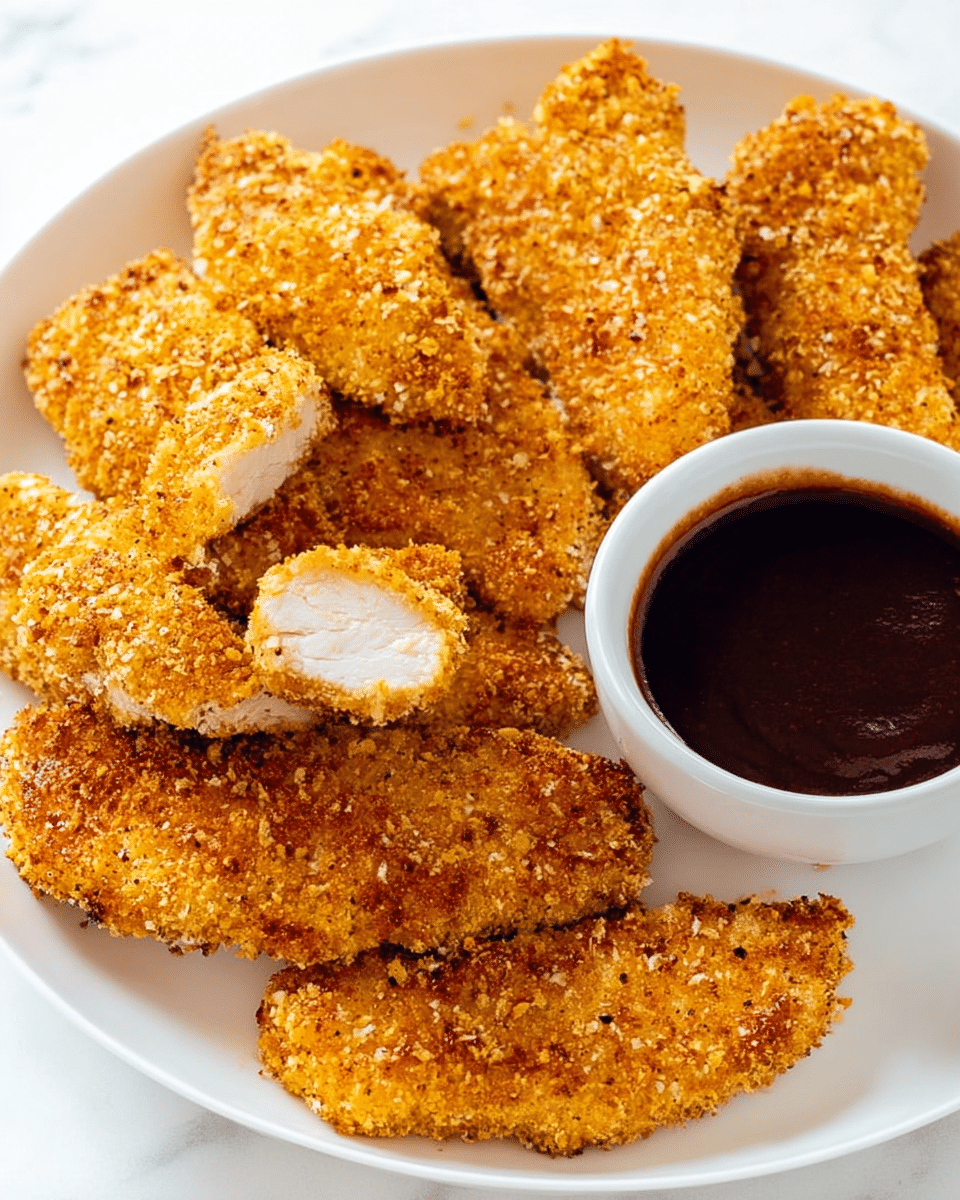 The image shows a white plate on a white marbled surface holding several pieces of golden brown crispy breaded chicken tenders arranged in a slightly overlapping circle. One piece in the center is broken to show the tender white meat inside. To the right side of the plate, there is a small white bowl filled with a thick dark brown dipping sauce. The texture of the chicken coating looks crunchy and coarse with visible flakes of seasoning, and the lighting highlights the crispiness well. photo taken with an iphone --ar 4:5 --v 7