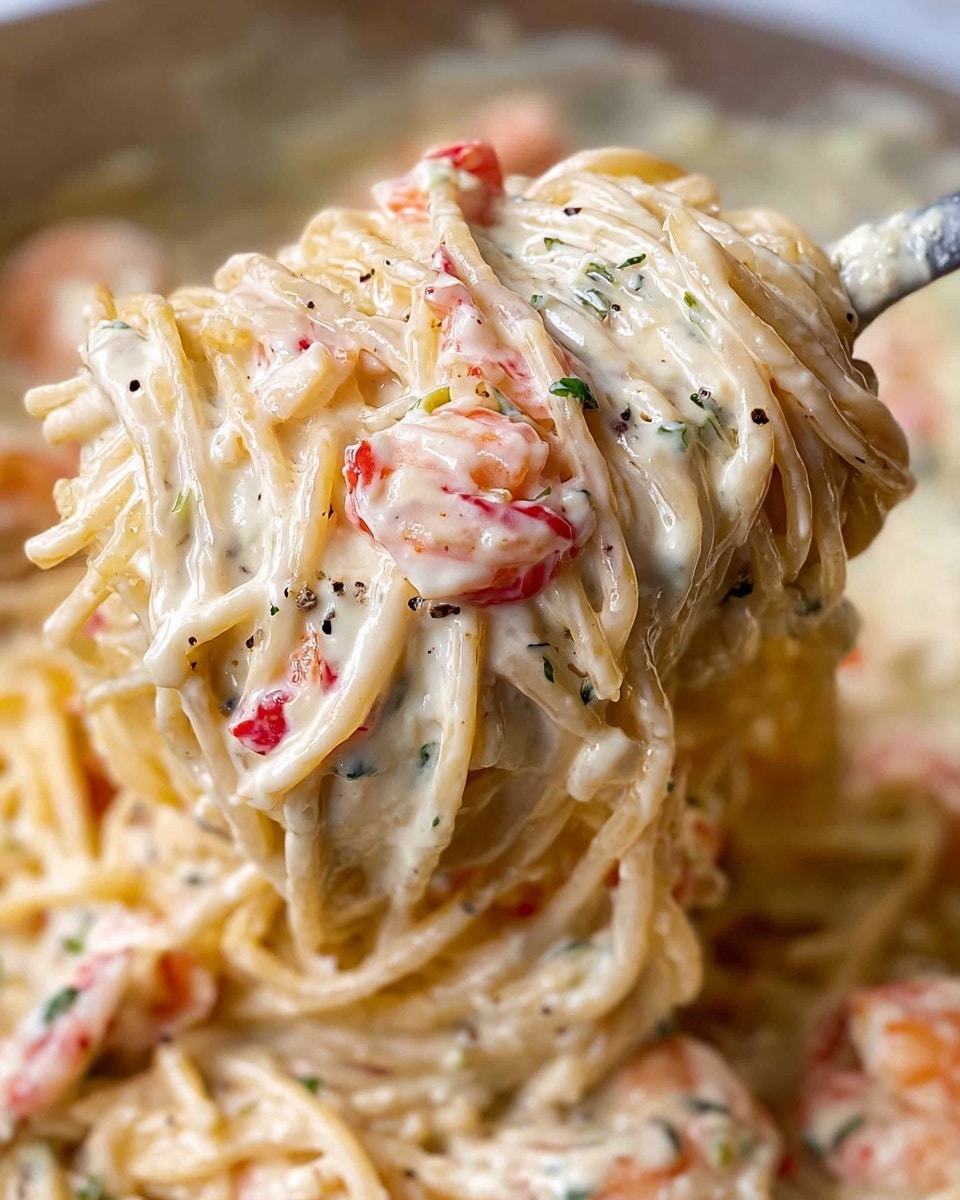 A close-up of creamy pasta with thick white sauce coating thin spaghetti noodles, mixed with small pieces of red seasoning and tiny herbs scattered throughout; chunks of pink shrimp are visible in the background, all held up by a spoon above a bowl filled with the same creamy, textured pasta. The sauce looks smooth and shiny, richly covering all the noodles and bits of seasoning. The background and bowl beneath have a white marbled texture. photo taken with an iphone --ar 4:5 --v 7
