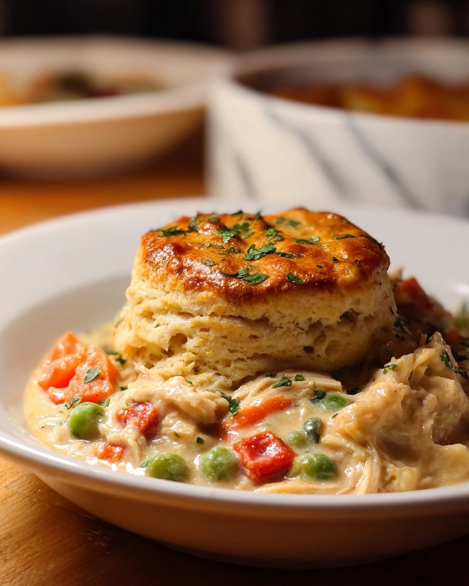 A white plate holds a layered dish with a thick, golden-brown biscuit on top that has a slightly glossy finish and small green herb pieces sprinkled over it. Below the biscuit is a creamy stew filled with tender white chunks of chicken and colorful vegetables, including bright orange carrots, green peas, and red bell peppers, all coated in a rich, light cream sauce. The dish sits on a wooden table with a blurred white marbled background and another dish faintly visible behind it. photo taken with an iphone --ar 4:5 --v 7