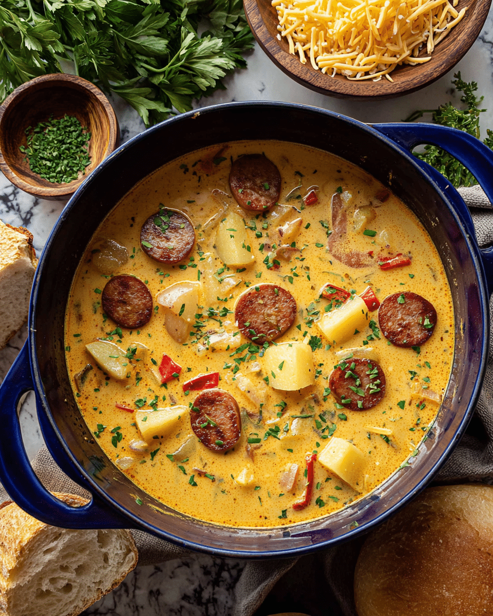 A close-up view of a deep blue pot filled with creamy yellow-orange soup, featuring visible round slices of browned sausage, light yellow chunks of potato, and small pieces of onions and red peppers mixed in. The soup is garnished with finely chopped green herbs scattered on top, creating contrast against the warm soup color. Around the pot, on a white marbled surface, there are fresh green parsley leaves, a bowl of shredded yellow cheese, a round loaf of bread on a wooden plate, and a small wooden bowl filled with more chopped herbs. photo taken with an iphone --ar 4:5 --v 7