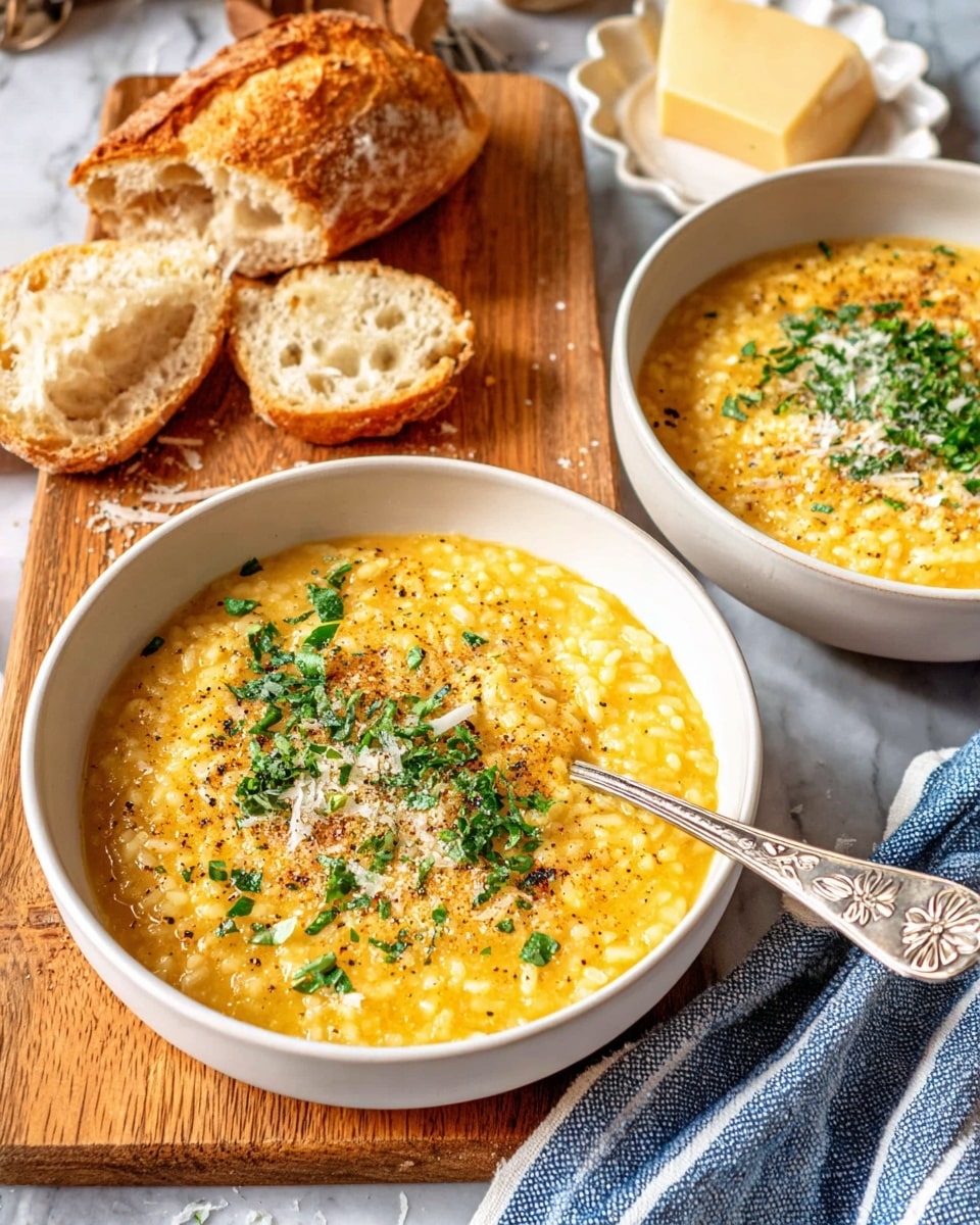 The image shows two white bowls of creamy yellow risotto with a thick, slightly textured surface, each bowl topped with green chopped herbs and a sprinkle of black pepper and grated cheese, creating a fresh and colorful contrast. A silver spoon with floral engravings rests in the front bowl, partially submerged. Behind the bowls, there are torn pieces of crusty golden-brown bread resting on a light wooden board, along with two rectangular blocks of pale yellow cheese on a white scalloped dish. A blue and white striped cloth is partially visible beside the wooden board, and the whole setup is placed on a white marbled surface. photo taken with an iphone --ar 4:5 --v 7
