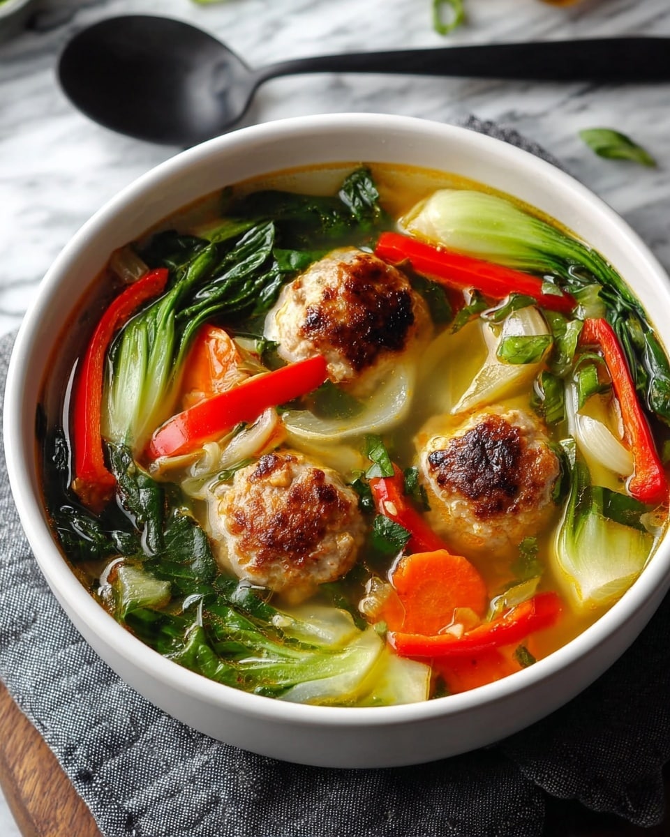 A bowl of clear broth soup filled with three browned meatballs floating near the surface, surrounded by bright red roasted pepper strips, orange carrot sticks, light green bok choy leaves, darker green leafy vegetables, and translucent onion slices. The soup is served in a white bowl sitting on a gray cloth with a black spoon beside it, all placed on a white marbled texture. The broth has a light golden tint, and the ingredients are scattered to show a mix of textures and colors, making the dish look fresh and appetizing. photo taken with an iphone --ar 4:5 --v 7