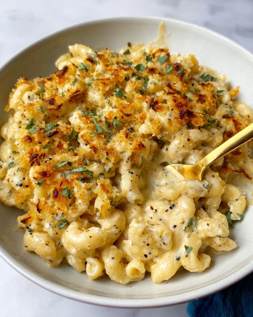 The image shows a white bowl filled with creamy macaroni and cheese. The macaroni is covered in a thick, smooth, light yellow cheese sauce with visible specks of pepper and small green herbs sprinkled on top. Some parts of the cheese are browned and crispy, especially along the edges, giving a mix of soft and crunchy textures. A gold spoon is placed inside the bowl, resting among the macaroni. The bowl is set on a white marbled surface. Photo taken with an iphone --ar 4:5 --v 7