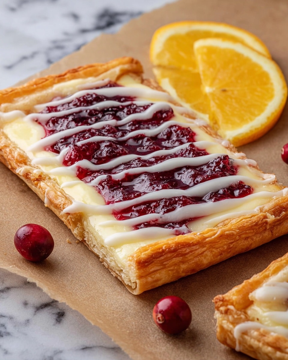 A rectangular puff pastry tart with three layers: the bottom layer is golden and flaky, the middle layer is creamy white custard, and the top layer is a thick, rich dark red berry filling spread unevenly in the center. Thin white icing stripes are drizzled across the tart and spill onto the white marbled surface beneath. In the background, there is a slice of bright orange and a small red berry visible. The tart rests on crinkled brown paper. Photo taken with an iphone --ar 4:5 --v 7